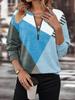 Loose Long Sleeve V Neck Color Block Zipper Hoodie Sweatshirt Winter Autumn