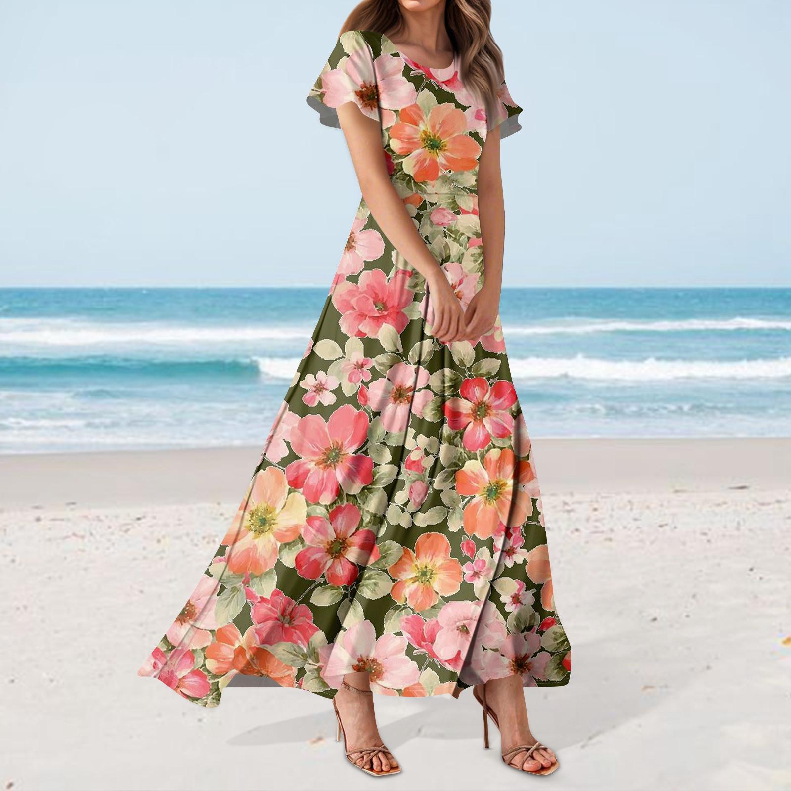 

Женское повседневное платье с гавайским принтом, круглым вырезом, короткими рукавами и высокой талией S