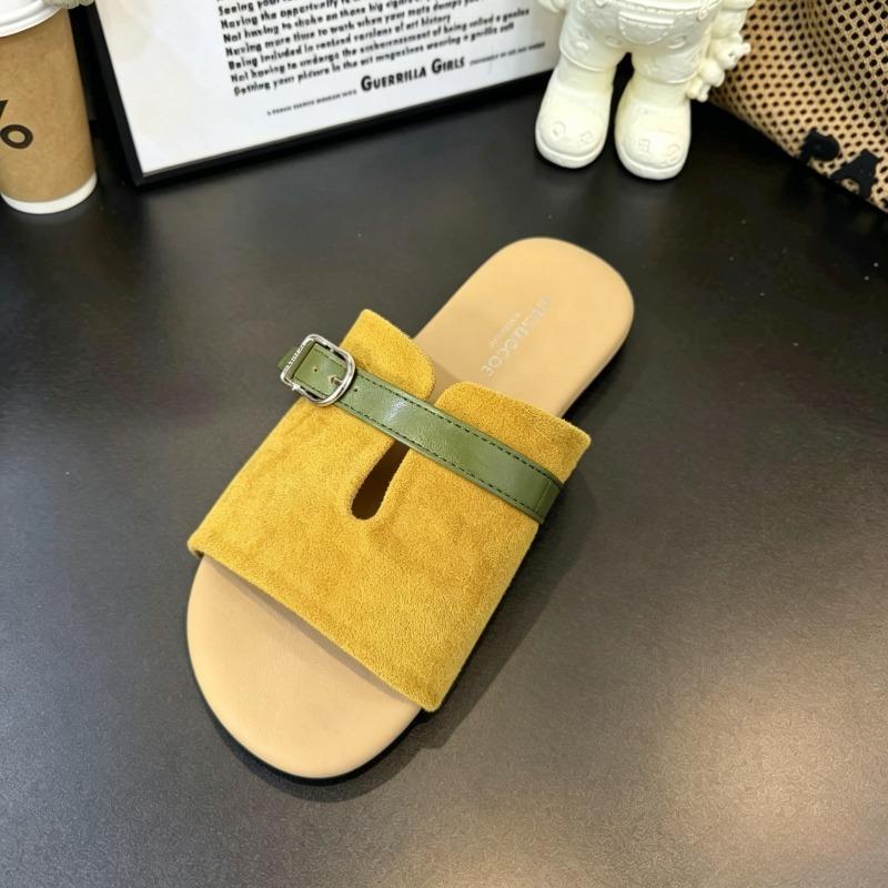 Sommer Mode Mattes Leder Retro Ein-Wort-Schlappe Damen Xia Ping Absatz Schnalle Außen Tragen Strand Coole Hausschuhe Damen