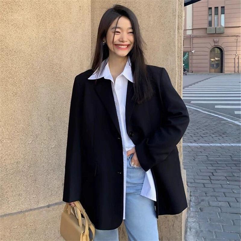 

Женский весенне-осенний блейзер с длинным рукавом, простой дизайн, блейзер для офиса с разрезом, женское свободное пальто XXS чёрный