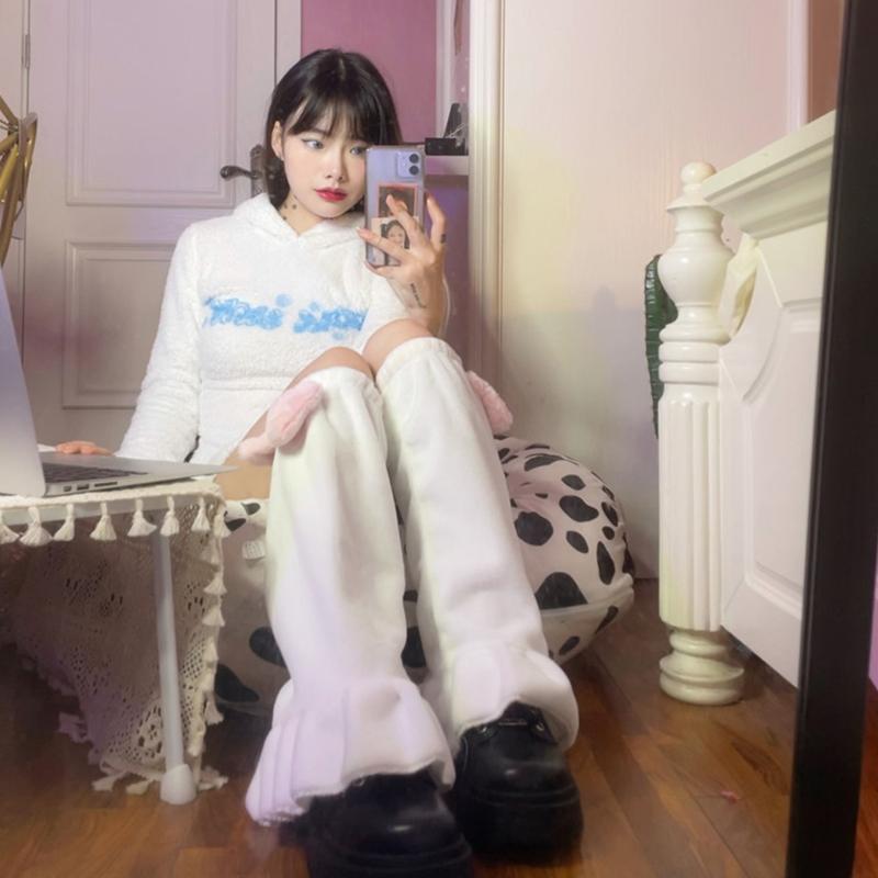 Long Foot Cover Leg Warmers Goth Anime Sweet Pink Bowknot Cosplay Ruffled Hem Plush Knee High Socks for Women Girls