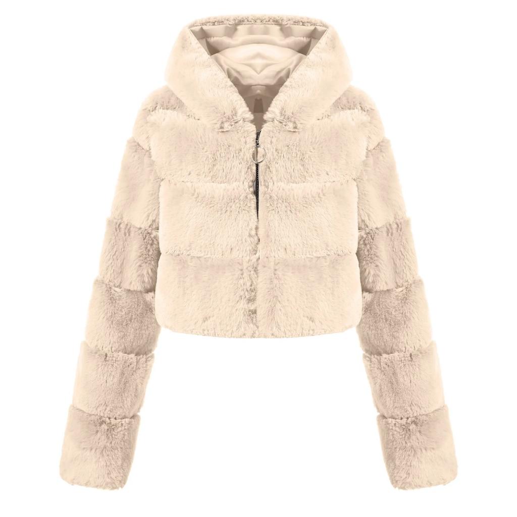 Y2k Streetwear Women Autumn Winter Faux Fur Coat Hooded Cropped Jacket Fur Coat Long Sleeve Cardigan Soft Tops Vintage Harajuku
