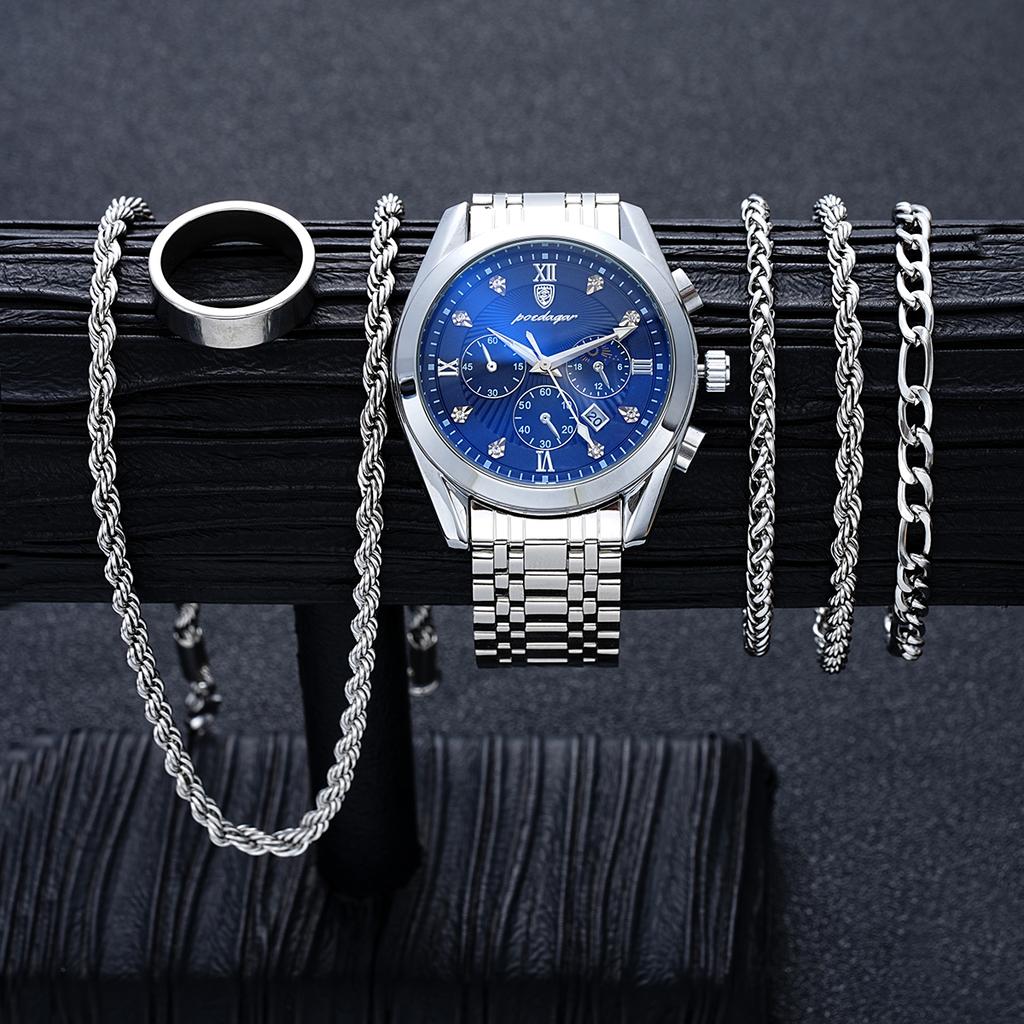 6 Pcs Set Men's Stainless Steel Watches Business Luxury Quartz Wristwatch Calendar Clock Casual Watch Necklace Bracelet Ring Set