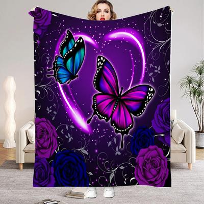 1Pc Digital Printed Purple Butterfly-themed Flannel Blanket Mattress Cover Blanket for Family Beds,Sofas,Offices,Outdoor Camping