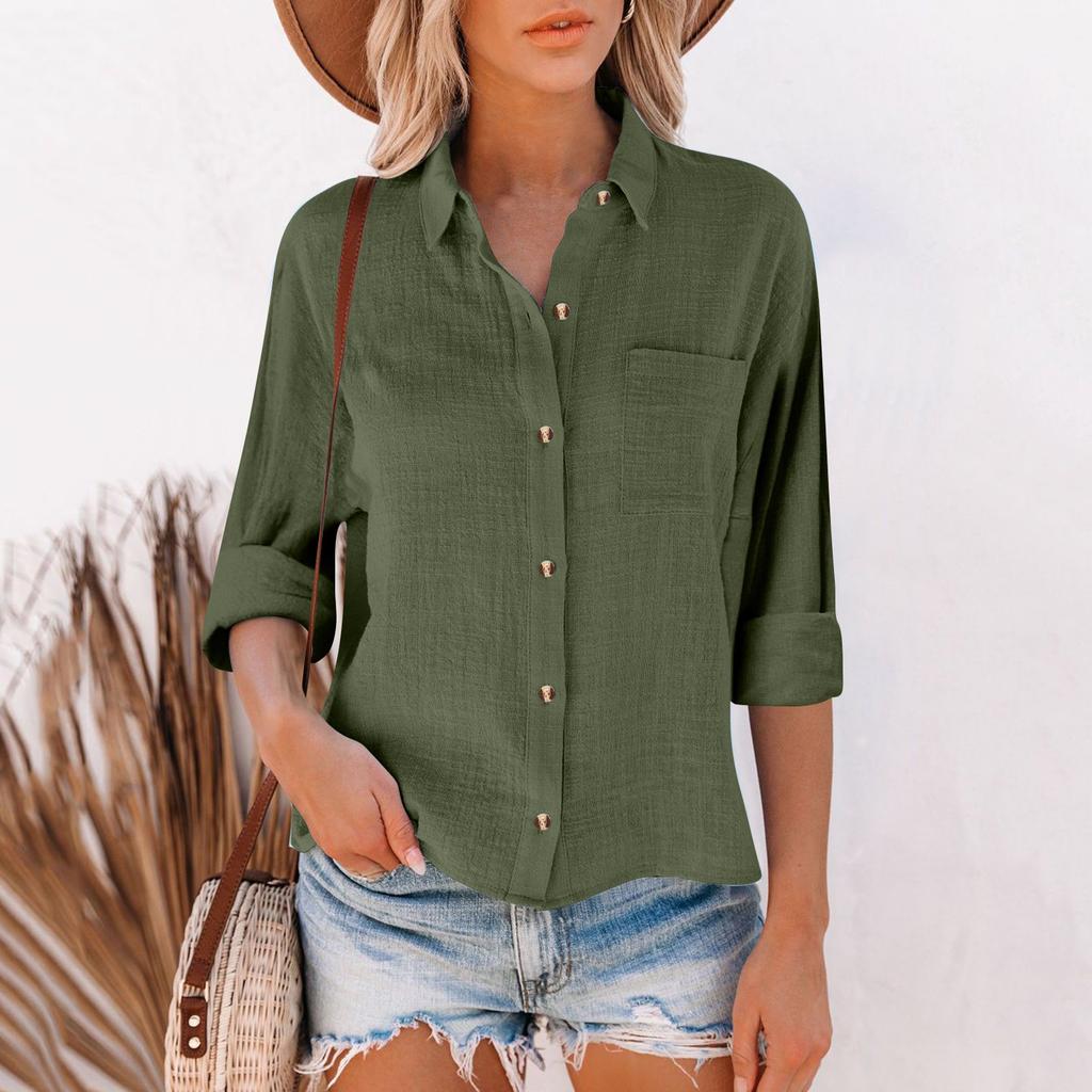 Women's Loose Cotton Linen Solid Color Long Sleeve Cardigan Irregular Pocket Shirt Top