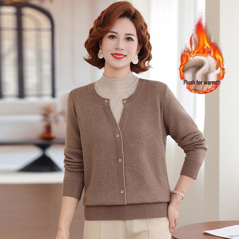 Mom's 2025 Winter Two-Piece Style Plus Velvet Sweater for Middle-Aged & Elderly Women - Thickened Autumn/Winter Velvet Base Layer Shirt