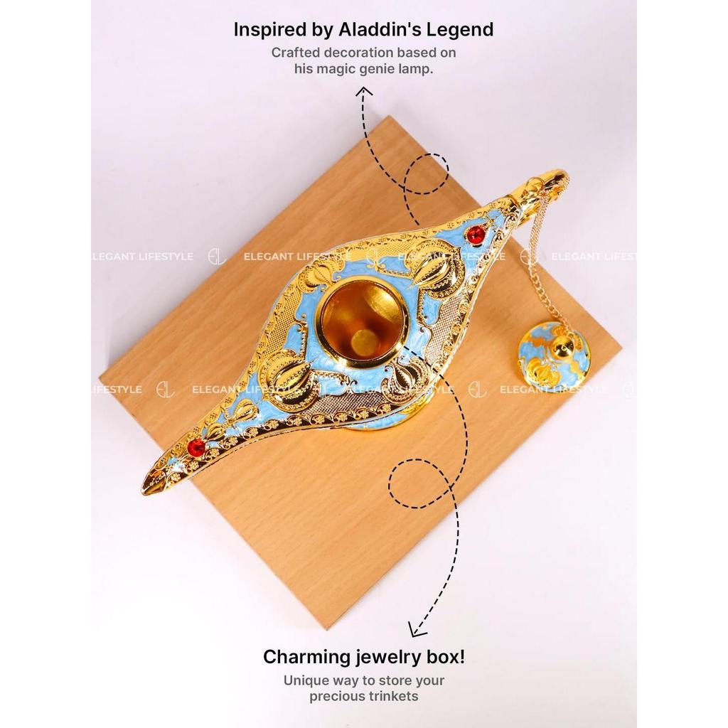 Vintage Aladdin Chirag Lamp-Luxurious Metal Jewelry Box,Decorative Showpiece,Home & Office-12 cm(Gold-Lite Blue)