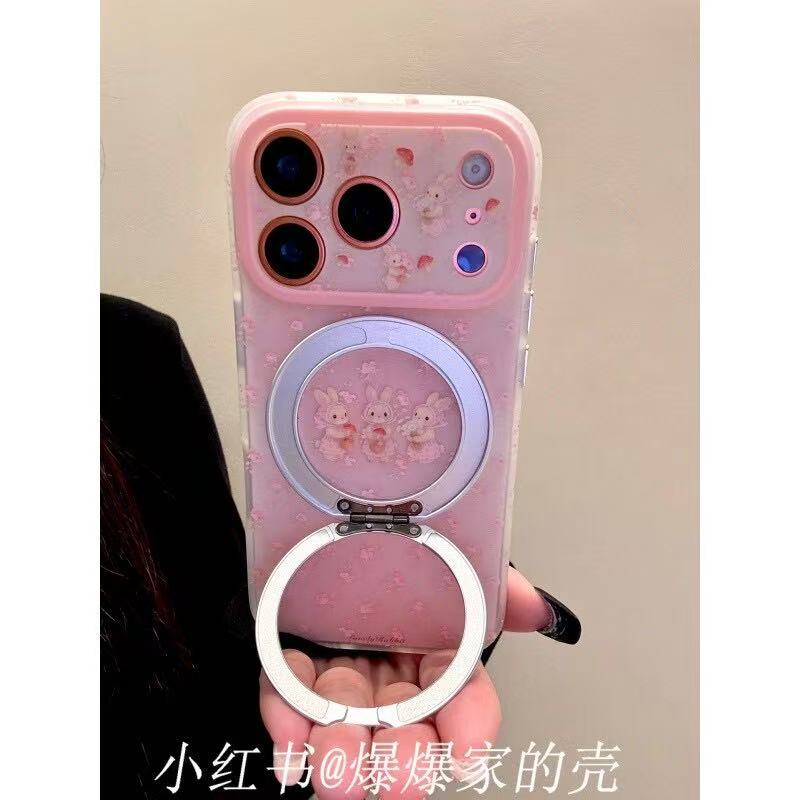 Applicable To Apple Iphone17promax Floral Rabbit 16pro Rotating Bracket 15 Girl 14ins Mobile Phone Case