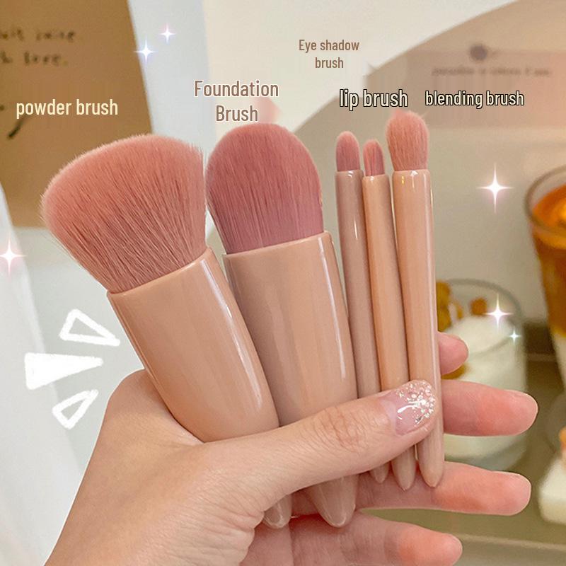 

Portable 5-Piece Makeup Brush & Mirror Set: Includes Powder, Foundation, Eyeshadow, and Blending Brushes.