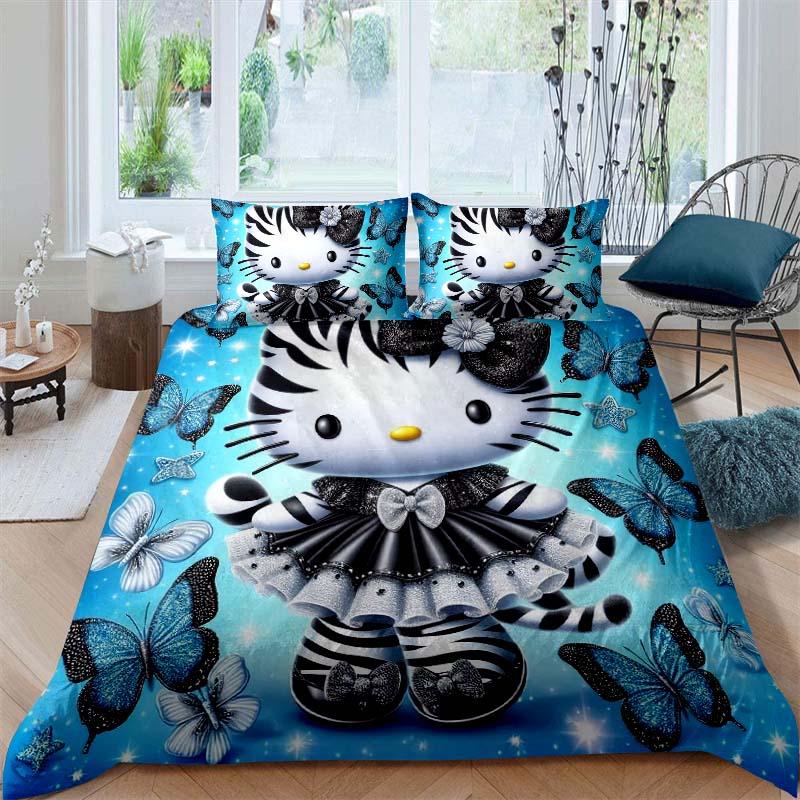 This Hello Kitty three-piece bedding set with a cartoon heart print, including one duvet cover and two pillowcases, makes a perf