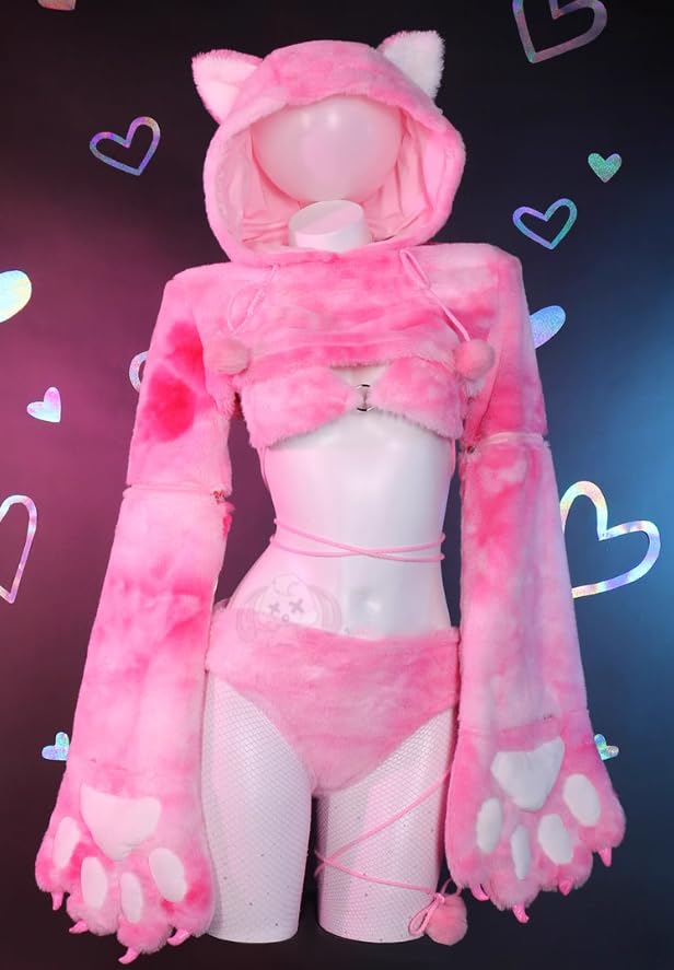 

Лавандово-розовый костюм для косплея кошки размера L, Милый, Моэ, Пушистый, Набор с помпонами,