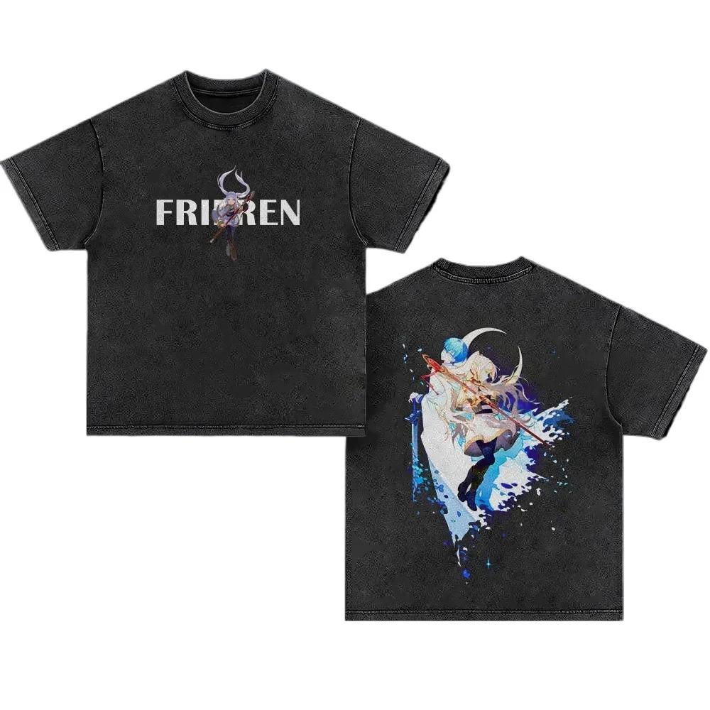 Vintage Washed Black Frieren from Beyond Journey's End Anime Graphic Print Oversized Cotton T-Shirt