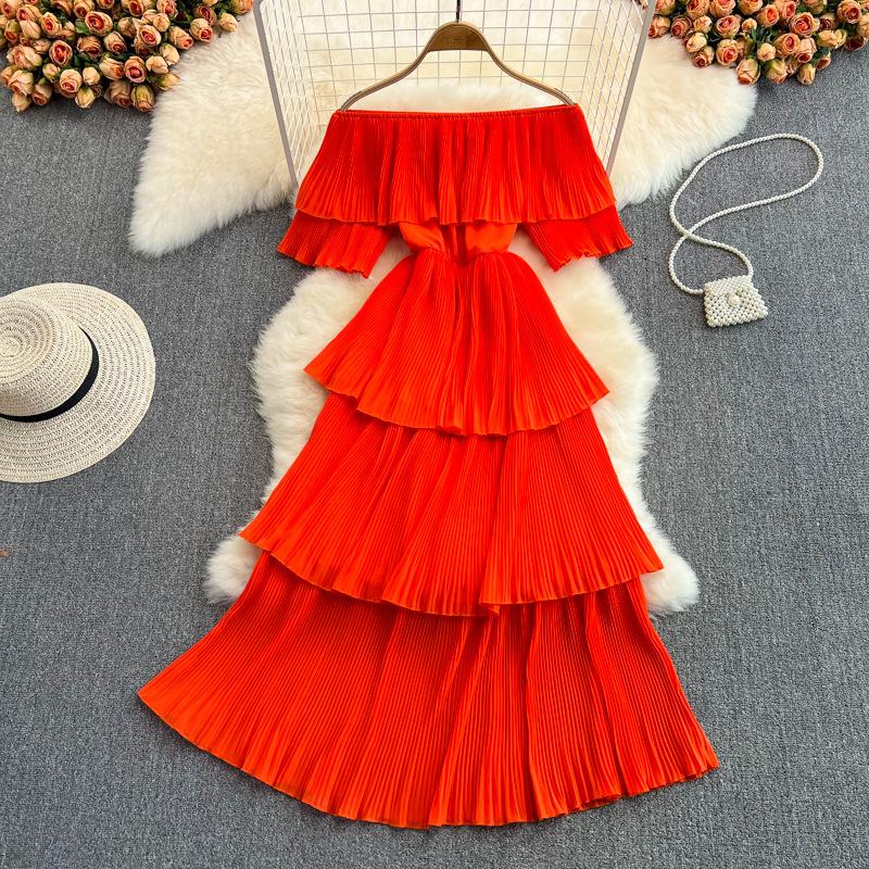 Women Hotsweet Chiffon Sundress Strap Cake Backless Sheath Bodycon Long Dress Vacation Retro Elastic Beach Dress