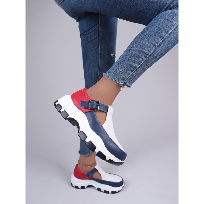Women's Platform Plus Size Sneakers Women's Belt Buckle Cutout Color-Block Casual Women's Single Shoes