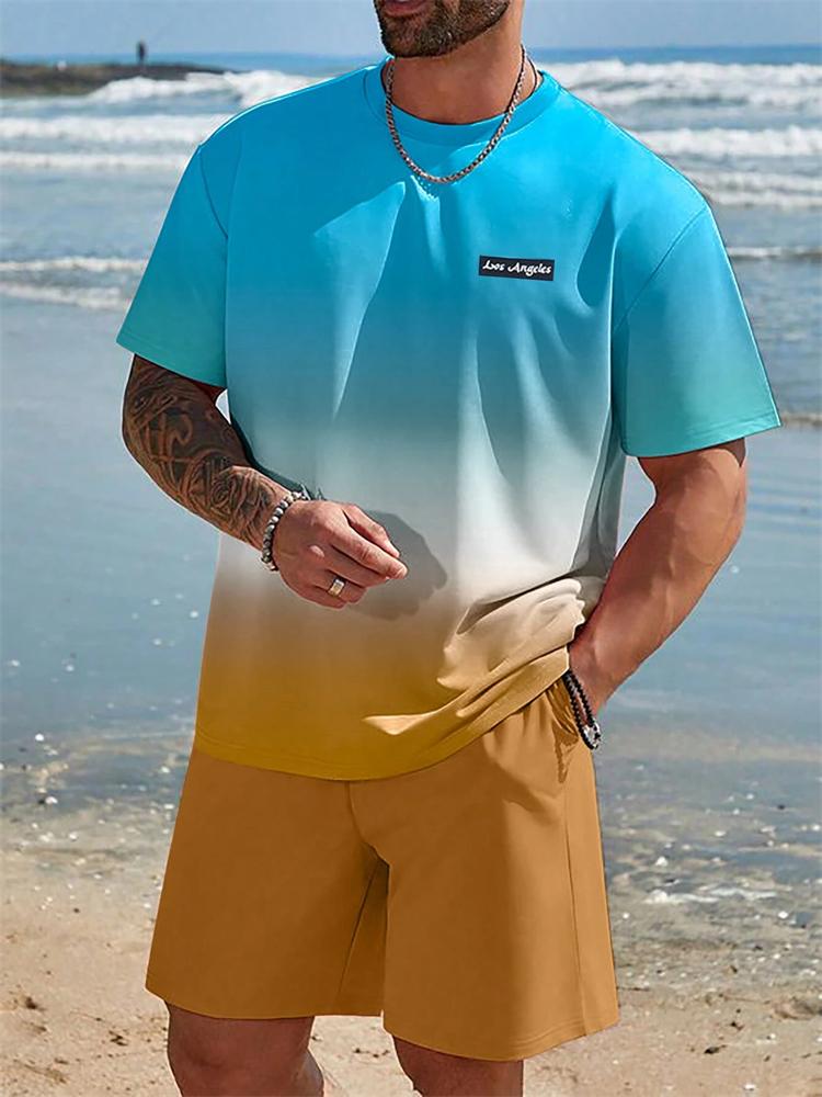 Summer Men s Sports Casual Fashion Short Sleeve Vacation Style Gradient Print T-Shirt S