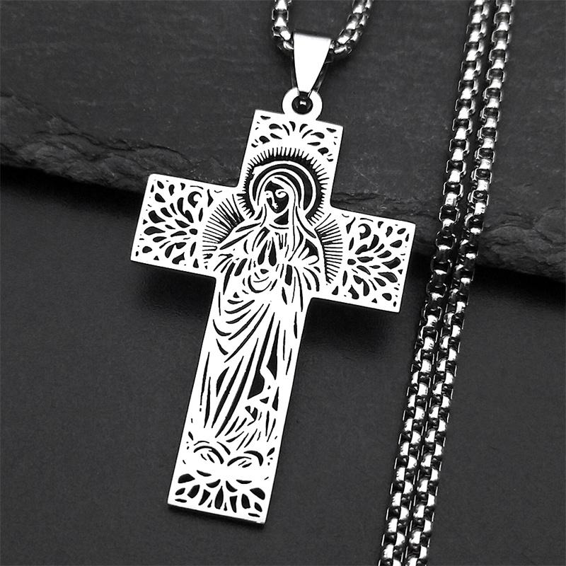 Catholic Virgin Mary Our Lady of Guadalupe Pendant Cross Necklace for Women Men Gold Color Stainless Steel Chain Amulet Jewelry