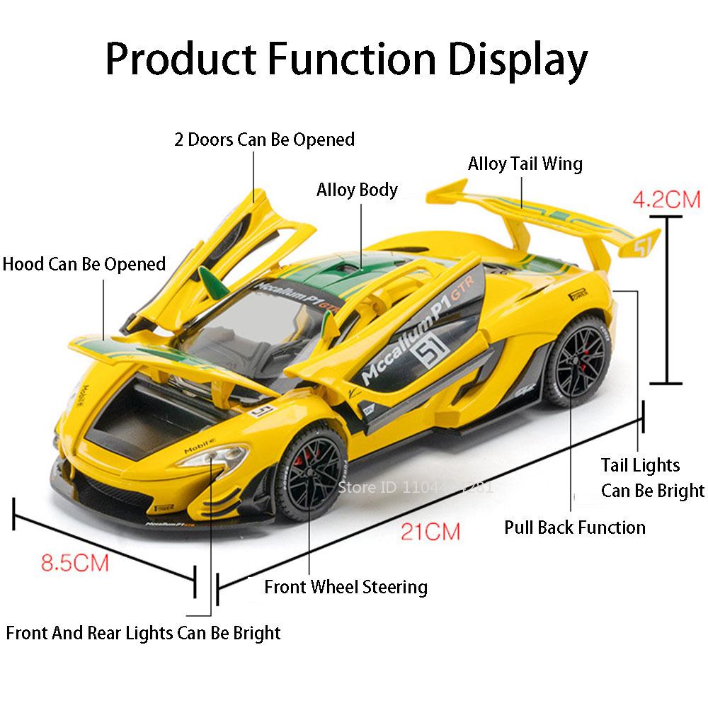 1:22 P1 GTR Model Toy Diecast Alloy Cars Doors Opened Front Wheel Steering Sound Light Pull Back Sports Car Kid Birthday Present
