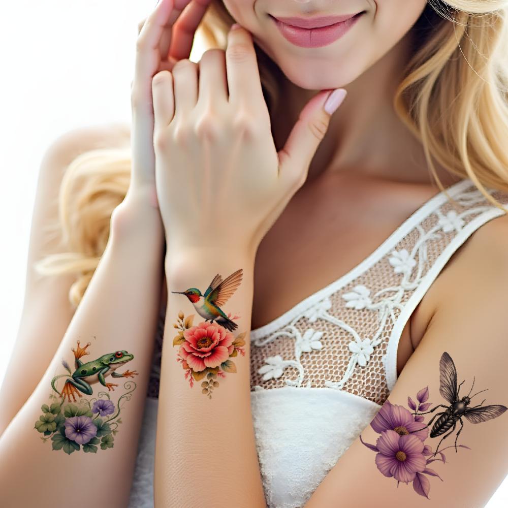 9pcs Temporary Tattoo Flower Tattoo Colorful Frog Tattoo Butterfly Tattoo For Male Arms Back