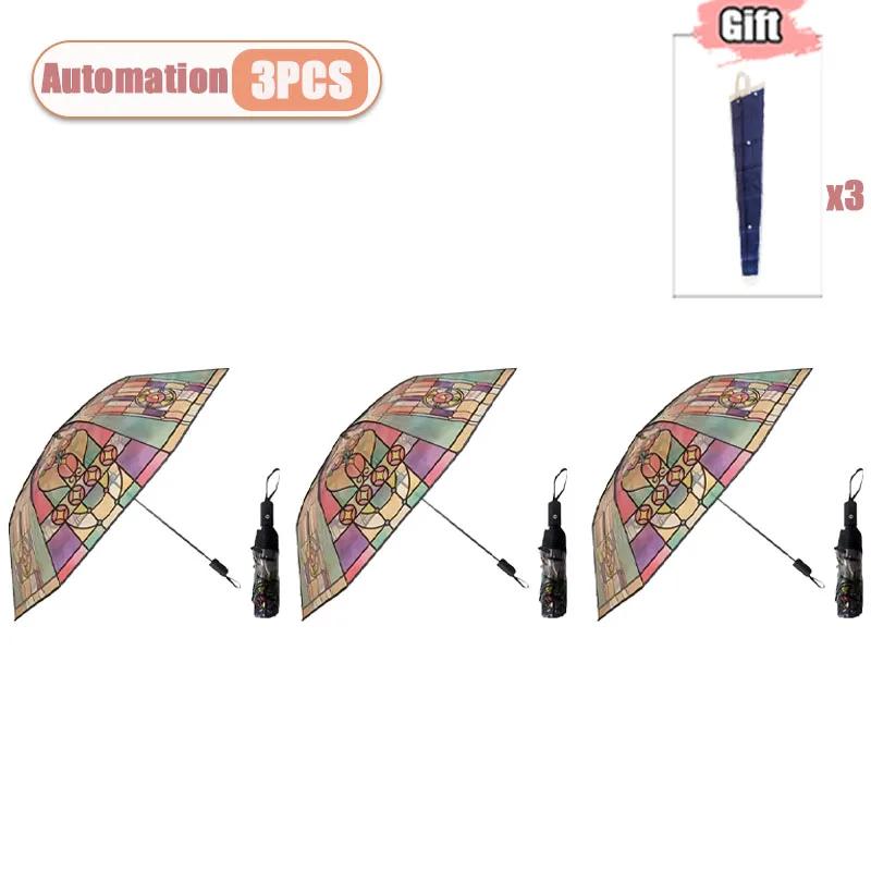 1/2/3PCS Hand-Painted Transparent Umbrellas Stained Glass Print  Long Handle Romantic Unisex Rain Sun Protection Parasol
