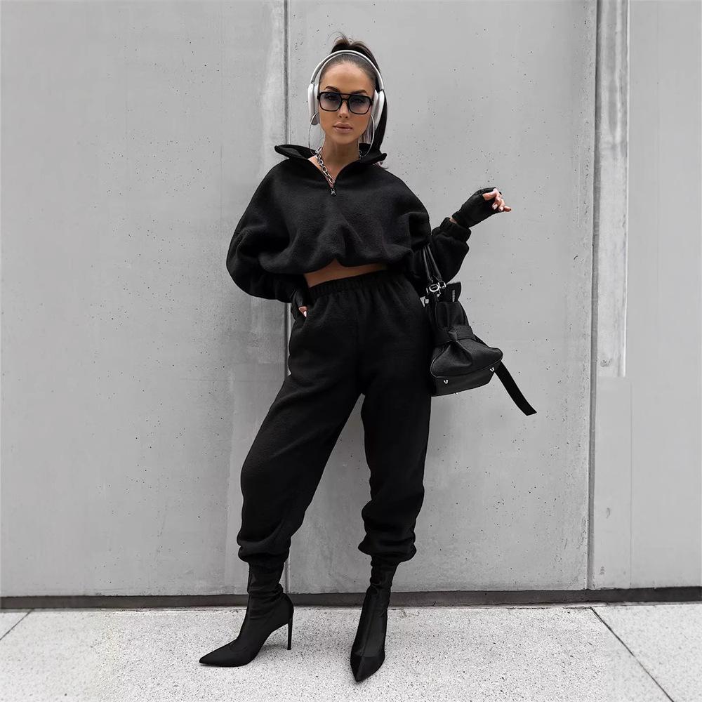 New European and American casual women's set, solid color long-sleeve, zip-up collar, waist-cinching sweatshirt, two-piece tie pants set
