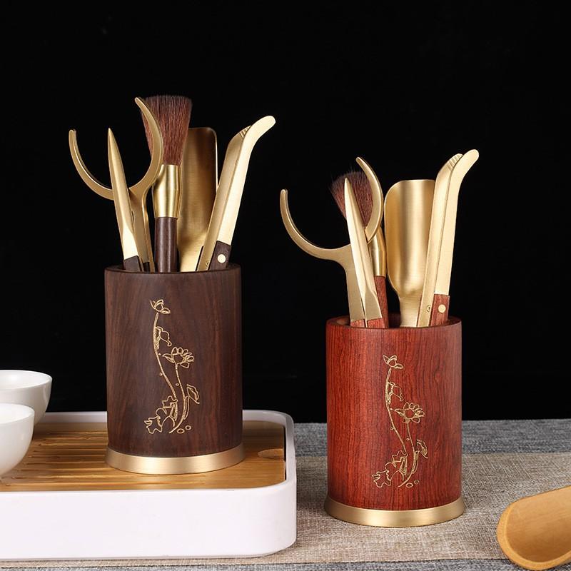 Wooden Tea Tools Set With Brass Accents Chinese Gongfu Accessories Puer Ceremony