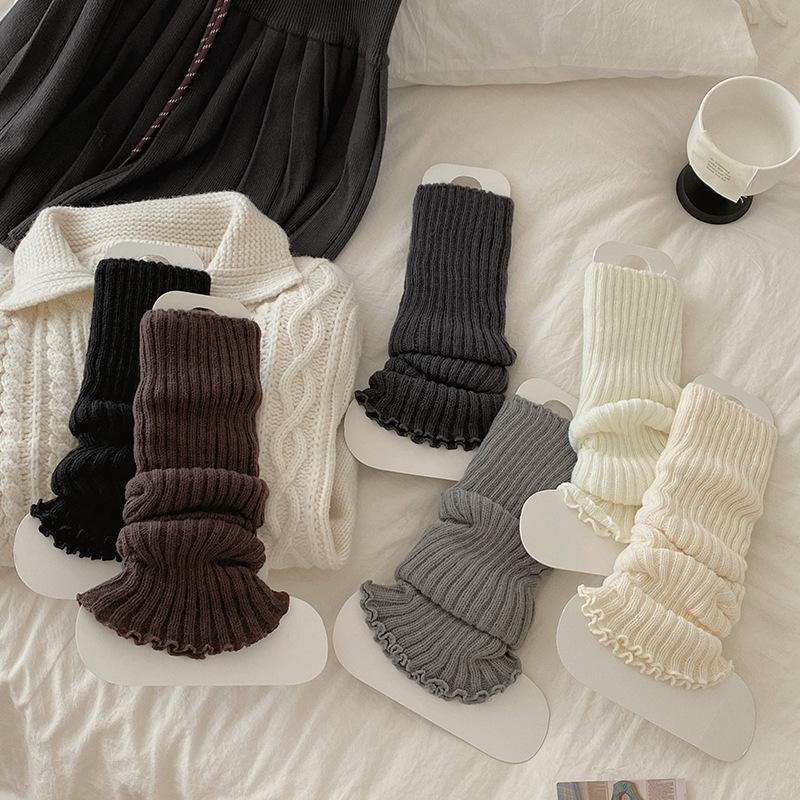 Female Autumn New Simple Solid Color Knitted Vertical Strip Thin Long Tube Stack Stocking