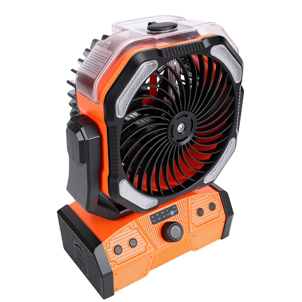 Rechargeable Camping Fan with LED Light Portable Outdoor Tent Fan Dual Use Remote Control Mist Sprayer for Outdoor