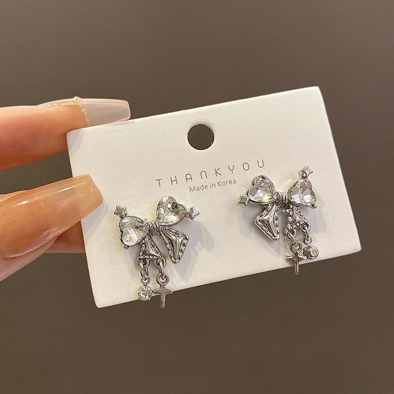 

S silver needle bow zircon stud earrings women s niche design sense high-end earrings annual explosion temperament earrings