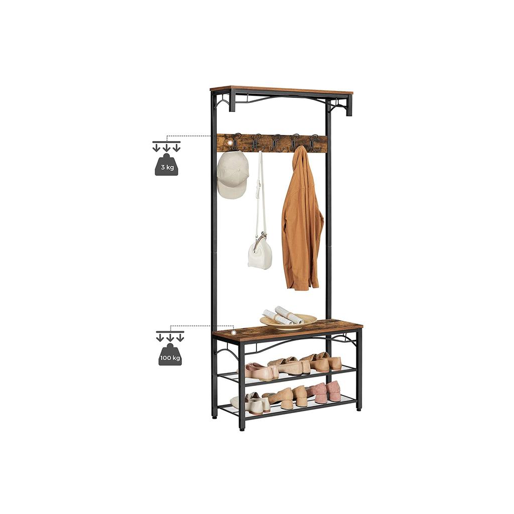 VASAGLE Coat Rack Stand, Industrial Coat Tree, Hallway Shoe Rack and Bench with Shelves, Hall Tree with Hooks, Matte Metal Frame
