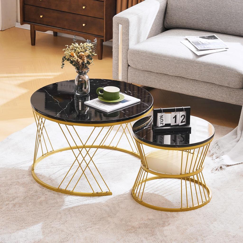 Couchtisch 2er Set, Hochglanz Wohnzimmertisch, Coffee Table mit Stauraum, für Wohnzimmer, Balkon, Metallgestell, Gold und Schwarz