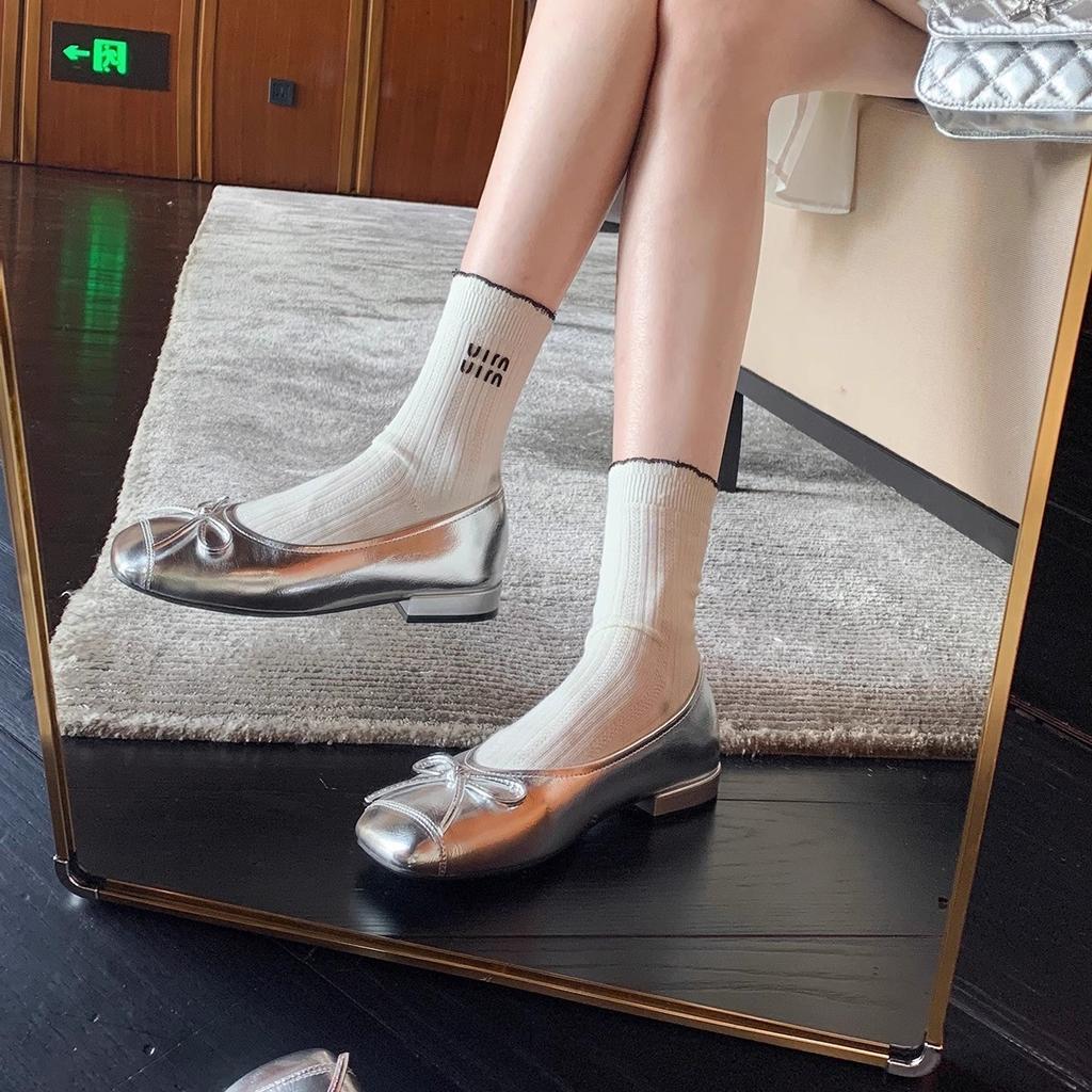 Sheepskin Version~ Sweet Temperament Versatile Bow Square Head Small Thick Heel Light Mouth Ballet Style Leather Single Shoes Women