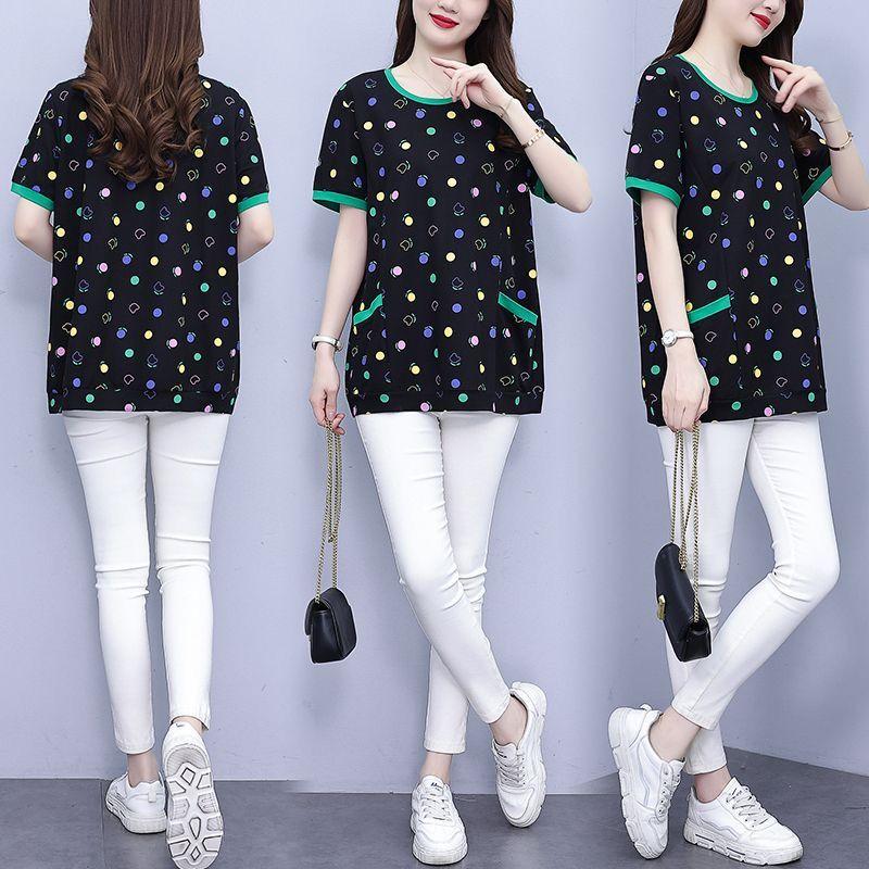 Female Clothing Casual Printed T-shirt Stylish Contrasting Colors Pockets Spliced 2024 Summer Loose Commute Round Neck Pullovers