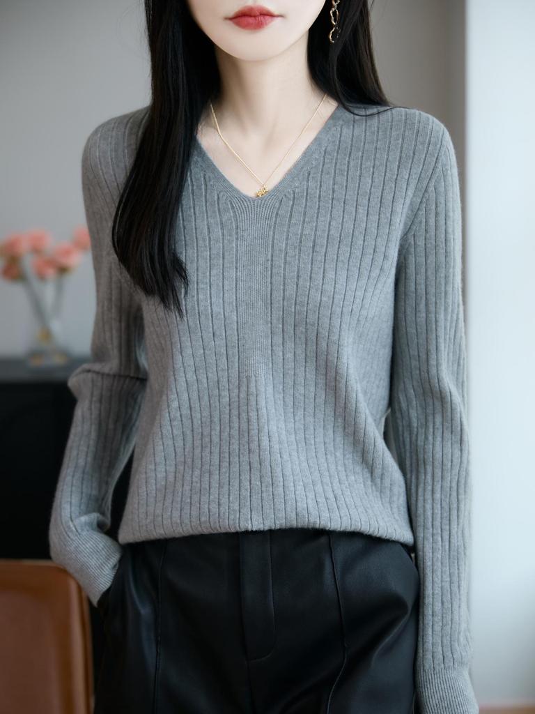 Women's V-Neck Ribbed Knit Sweater - Slim-Fit Long-Sleeve Top for Autumn/Winter 2025