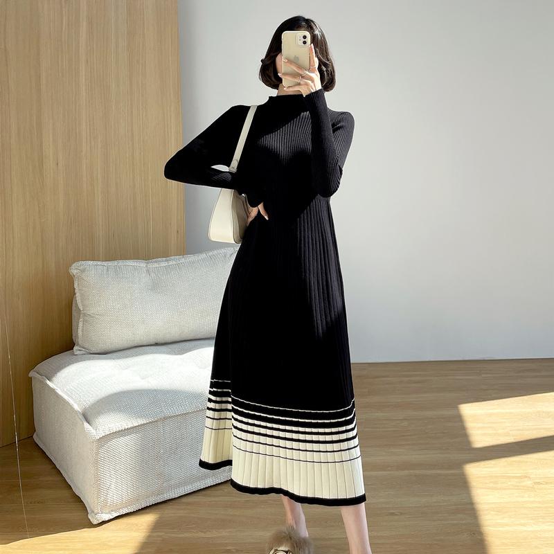 

Осень-зима, полуводолазка, женское платье трапециевидной формы с длинным рукавом, женские платья-свитера, женские полосатые длинные вязаные платья, Vestidos S чёрный