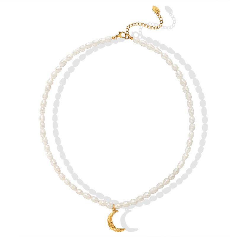 Elegant Irregular Baroque Natural Pearl Necklace Choker Golden Stainless Steel Moon Pendant Necklaces For Women Jewelry Collar