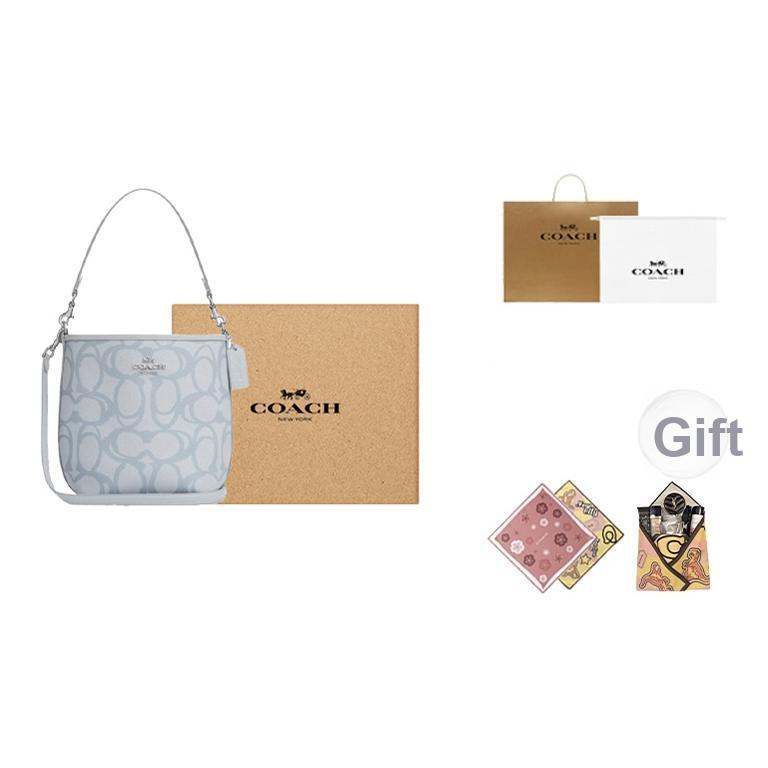 Coach City Bucket 17 Silver Metal Logo Removable Shoulder Strap Coated Canvas Bucket Bag Women Bags Ice-Blue CBH90-SVNB9