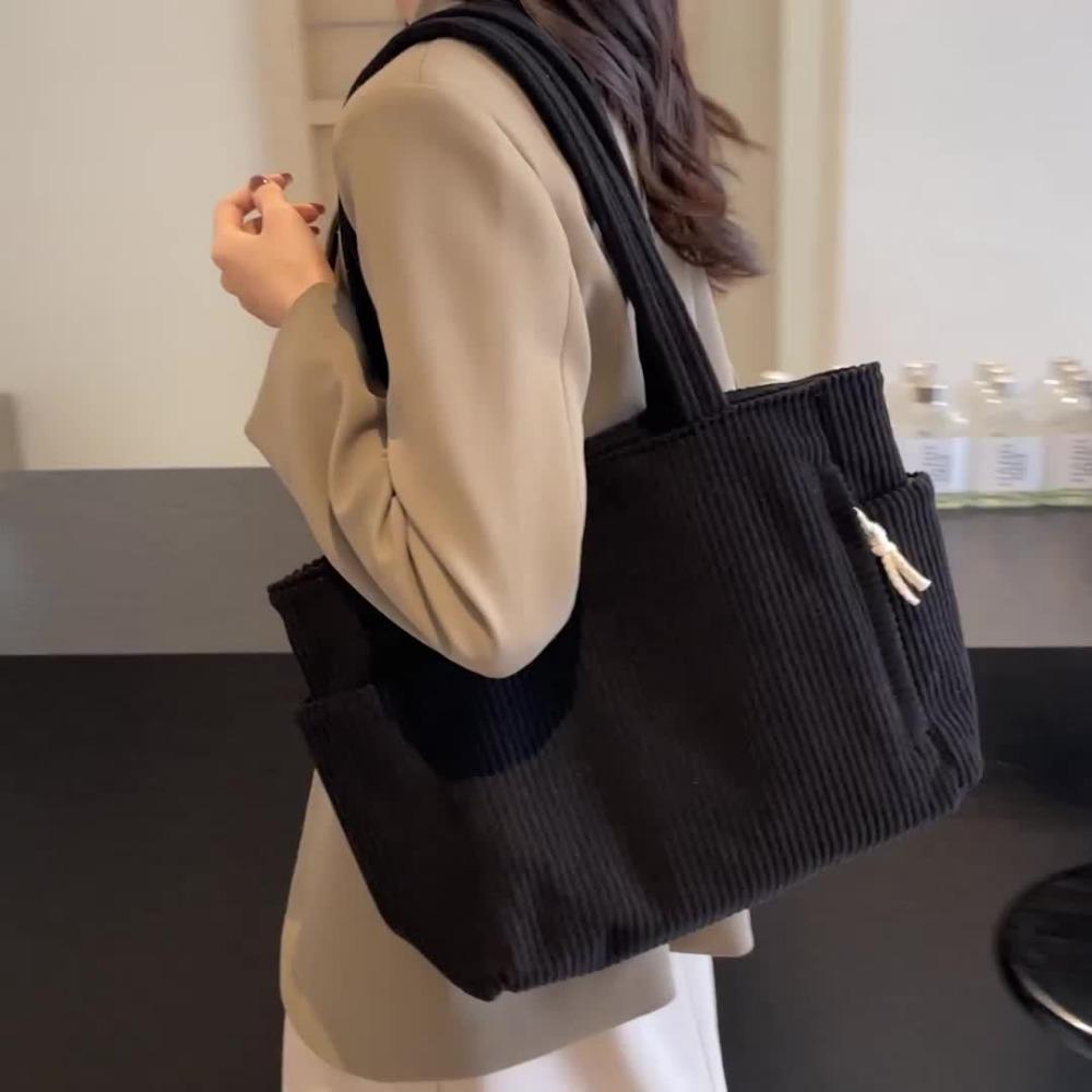 A Casual Corduroy Handbag with Zip Closure, Lightweight and Large Capacity, Fixed Shoulder Strap and Polyester Lining, Solid Everyday Commuter Handbag
