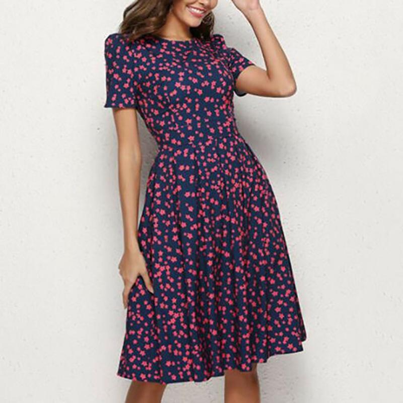 Summer Women Vintage A-line Dress Tunic With Long And Short Sleeve Floral Print