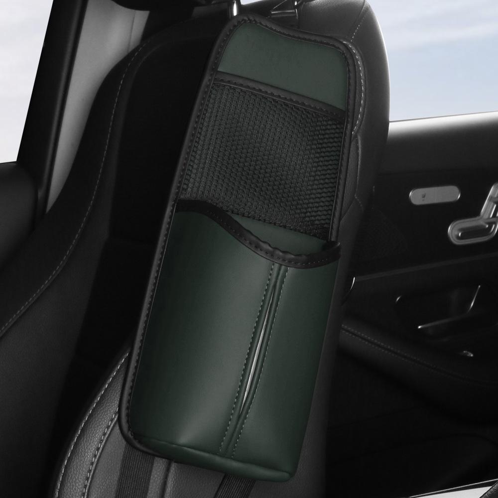 Multifunkční kožený organizér na autosedačku s držákem na kapesníky a úložným prostorem na nápoje