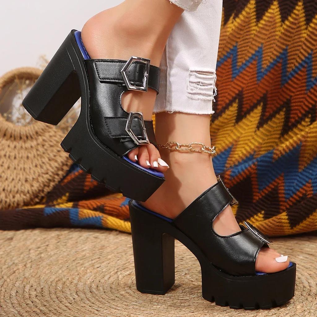 Summer Women High Heel Sandals Platform Fashion Simple Slippers Women Buckle with High Heels Open-toe Heeled Ladies Slides Shoes