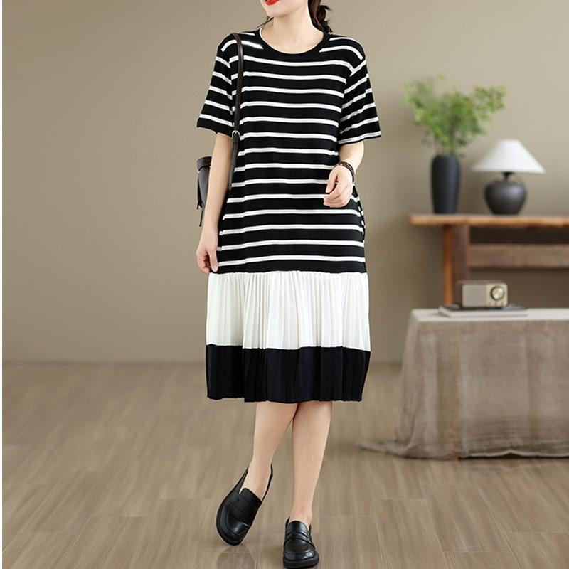 Short sleeve Plus size vintage Stripe patchwork new in dresses for women casual loose long summer dress