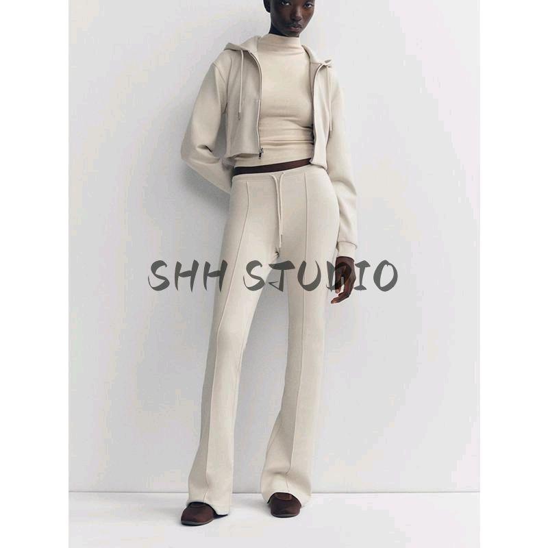 Spring New Arrival Women's Clothing Long Sleeves Hooded Short Sweatshirt 3641843 Double-Sided Cloth Stretch Sweatpants 3641845