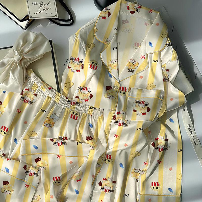 Ice silk pajamas women's striped rice burst baby autumn long-sleeved simple natural style silk loungewear two-piece set