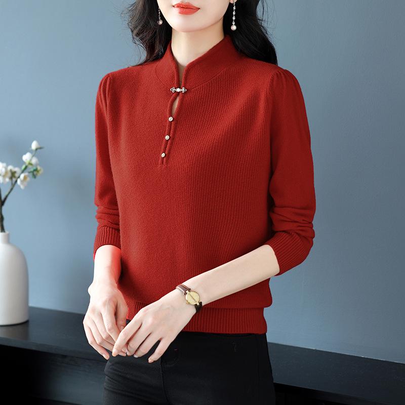 Women's Pure Wool Stand Collar Sweater - Autumn/Winter Loose Slimming Knit Cheongsam Base Layer