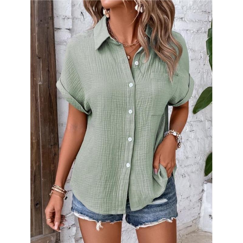 European American Women's Cotton Shirt - 2026 Summer Collection: Solid Color Casual Button-Up