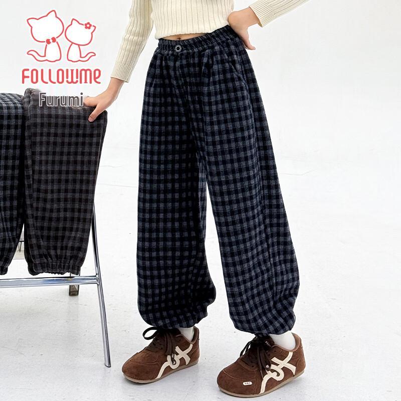 Fuluomi Girls Retro Plaid Casual Pants 140