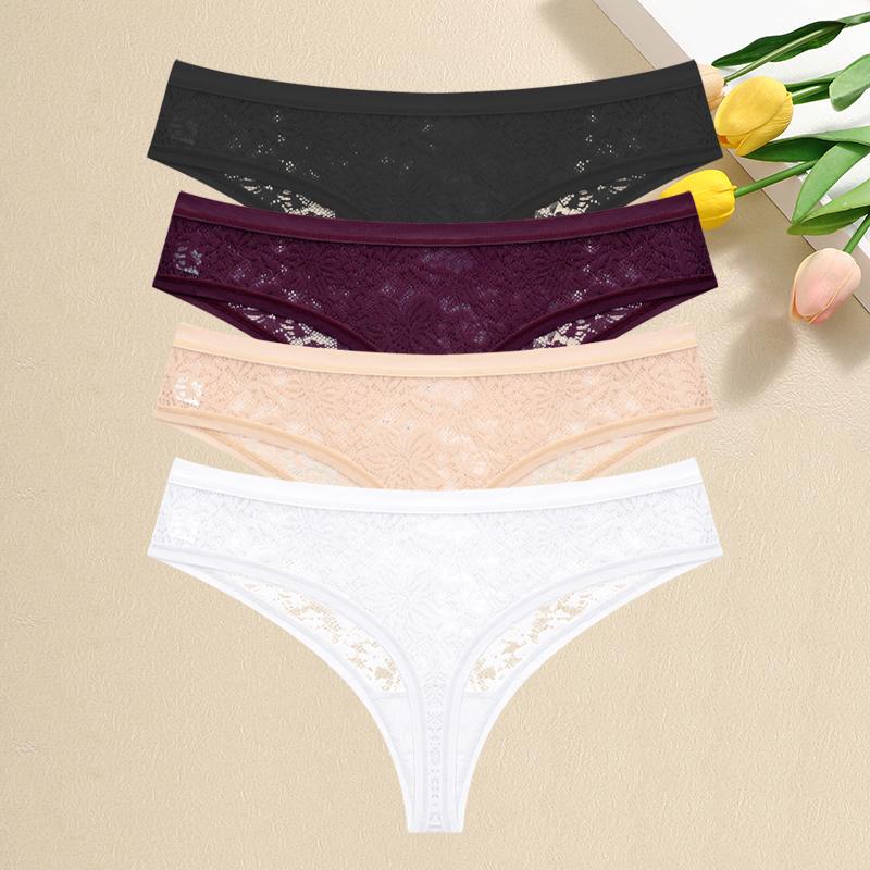 4Pcs Lace Hollow Out Thongs Underwear Women Floral Print Panties Sexy Low-Waist G-String Girls Soft Perspective Lingerie