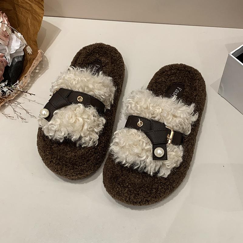 Retro Plüschdesign flauschige Hausschuhe Damen Oberbekleidung 2025 neu Herbst und Winter dicke Sohle erhöhend Gürtelschnalle Baumwollhausschuhe