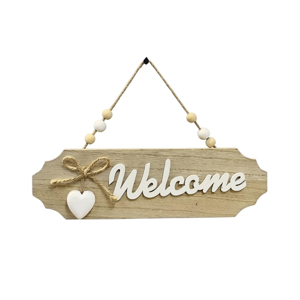 Wooden Welcome Sign Hanging Plaque Home Decor Front Door Wall Ornament with Rope and Beads Rustic Style Indoor Outdoor Use