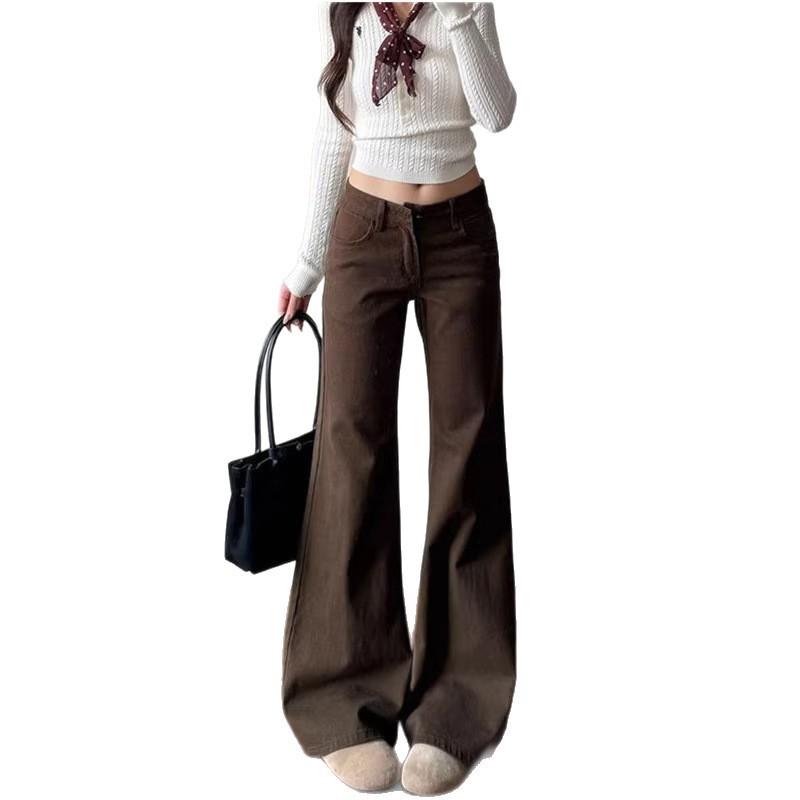 Coffee-colored slightly pulled jeans women's low waist loose wide legs do not stick to the legs flared pants women's slightly pulled thin pants